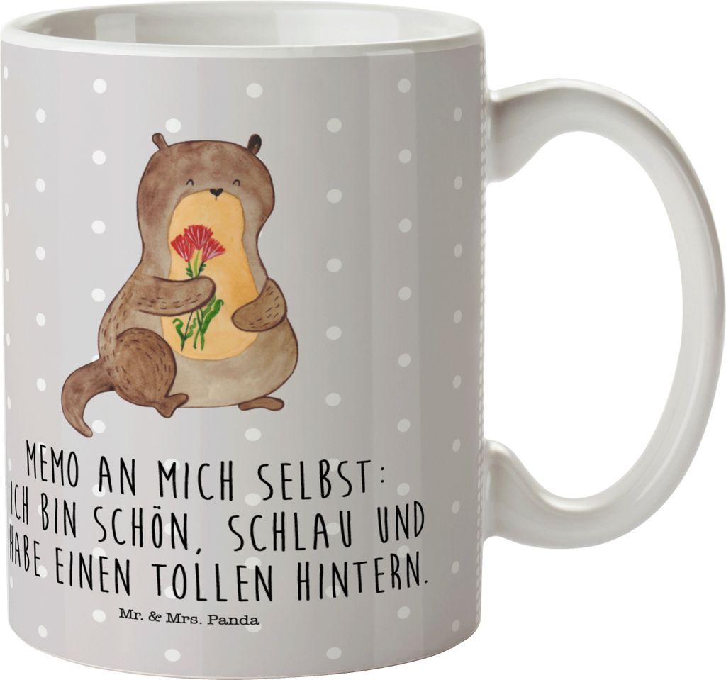 Mr. & Mrs. Panda Plastikbecher Otter Blumenstrauß - Grau Pastell - Geschenk, Selbstliebe, Selbstvertrauen, Haferl, Kindertasse, Trinklernbecher, S...