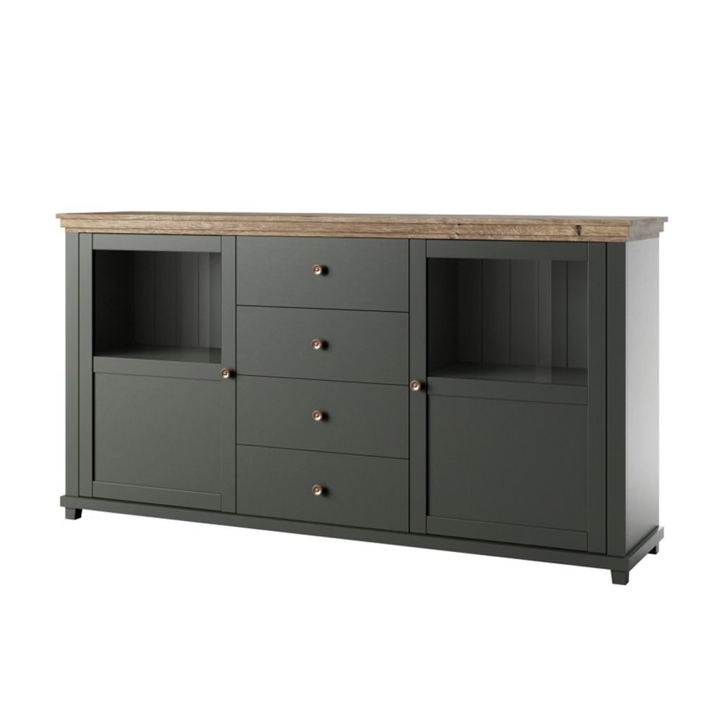 Sideboard grün mit Eiche Lefkas Nb. EPSOM-83 Glaseinsatz Türen und Knopfgriffen, B/H/T: ca. 181/93/42 cm