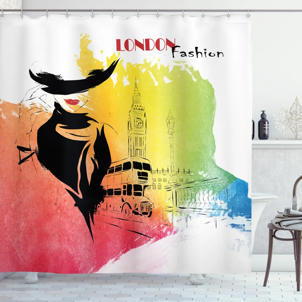 ABAKUHAUS Tenda da doccia vintage, London Fashion Lady, lavabile e facile da pulire con 12 ganci Stampa di alta qualità Colori resistenti Durevole, 175 x 180 cm, multicolore