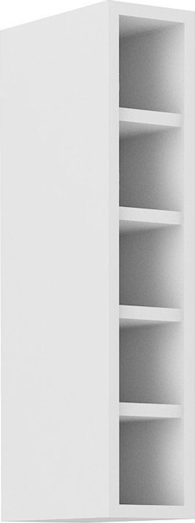 A white, open wall cabinet with multiple shelves.