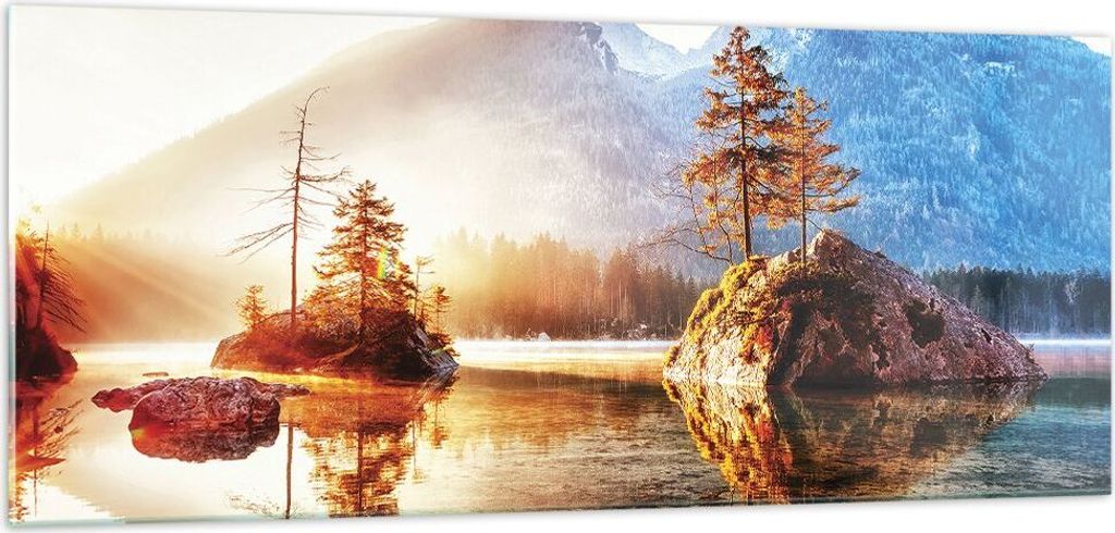 Bilder auf glas - Einteilig - Morgendämmerung Berge See - 100x40cm - Glasbilder - Wandbilder - Bilder - Wanddekoration aus Glas - Glas Bilder - Wa...