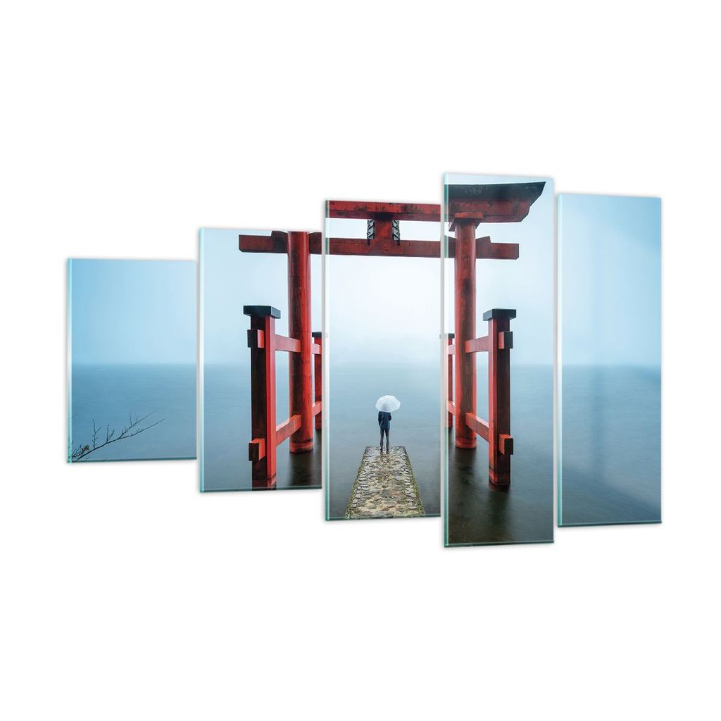 Bilder auf glas - 5 Teile - Itsukushima-Jinja Tempel Regenschirm - 100x60cm - Glasbilder - Wandbilder - Bilder - Wanddekoration aus Glas - Glas Bil...