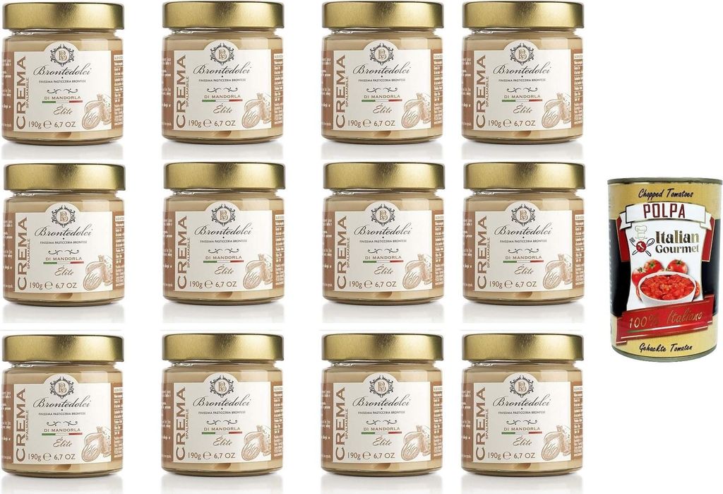 Brontedolci Crema Spalmabile alla Mandorla Streichfähige Brotaufstrich Mandelcreme 12x 190g in Glas aus Sizilien + Italian Gourmet polpa 400g