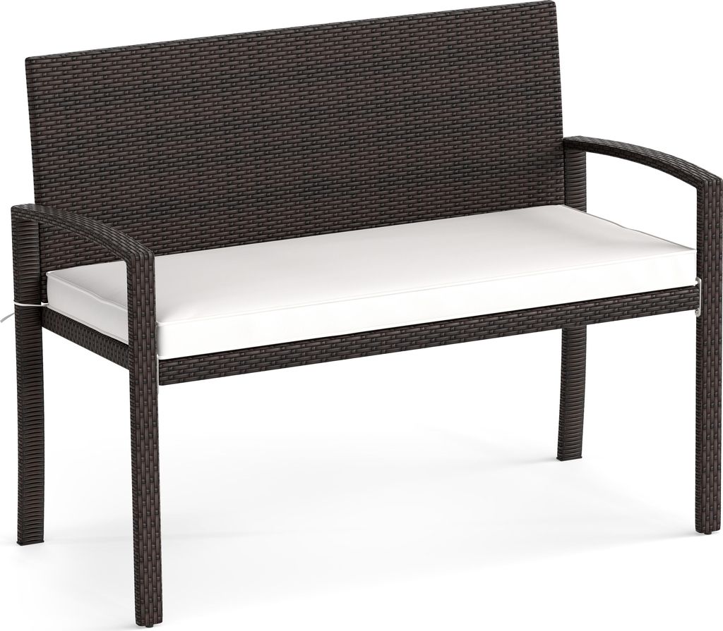 Rattanbank für den Außenbereich, Terrassensofa für 2 Personen mit abnehmbarem Sitzkissen, Metallrahmen, Rückenlehne & Armlehnen, Sitzmöbel, Weiß