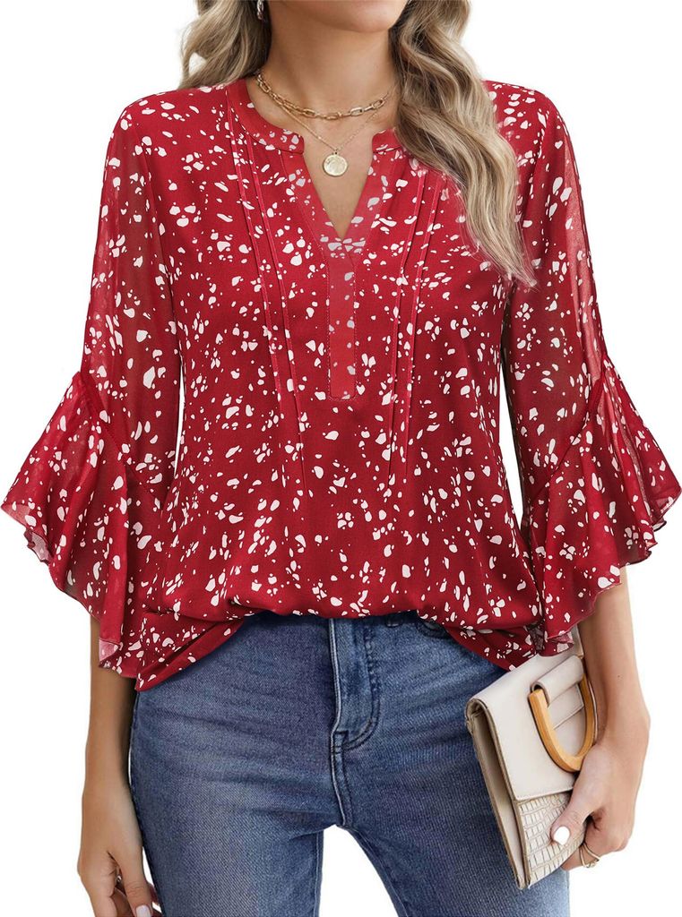 ASKSA Damen 3/4 aermel Bluse Elegant V-Ausschnitt Chiffon Tunika Doppellagig Hemden Tops Shirt Casual Business Locker Oberteil (Geflecktes Rot,XL)