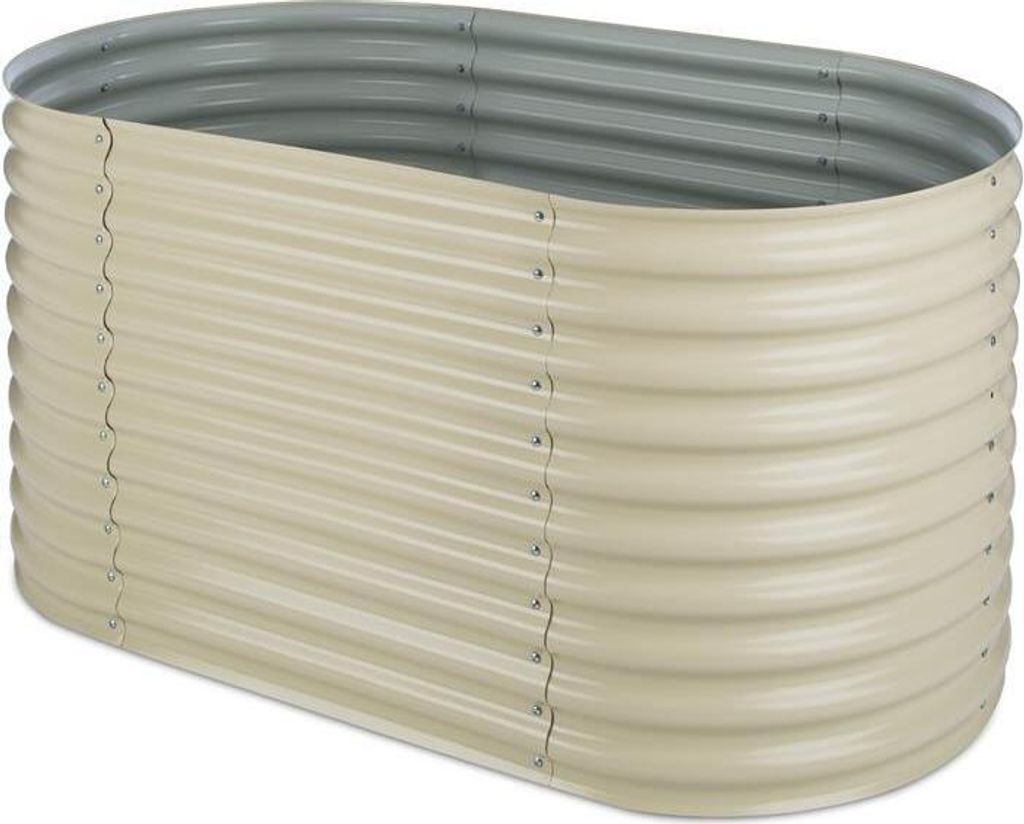 A beige oval metal raised garden bed is shown against a white background.