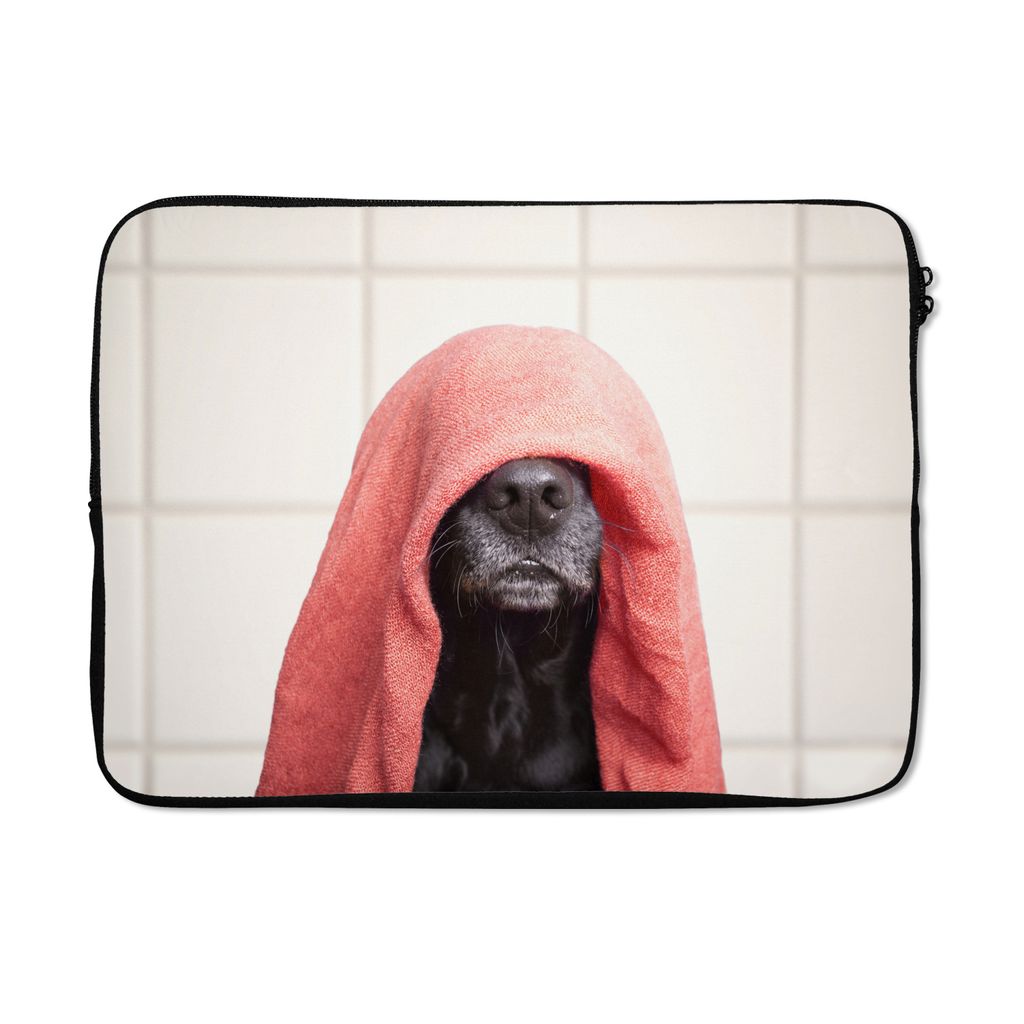 MuchoWow Laptop Hülle 14 ZollHund mit einem roten Handtuch auf dem Kopf Laptoptasche - Laptoptasche - Stoßsicher - Schutzhaube