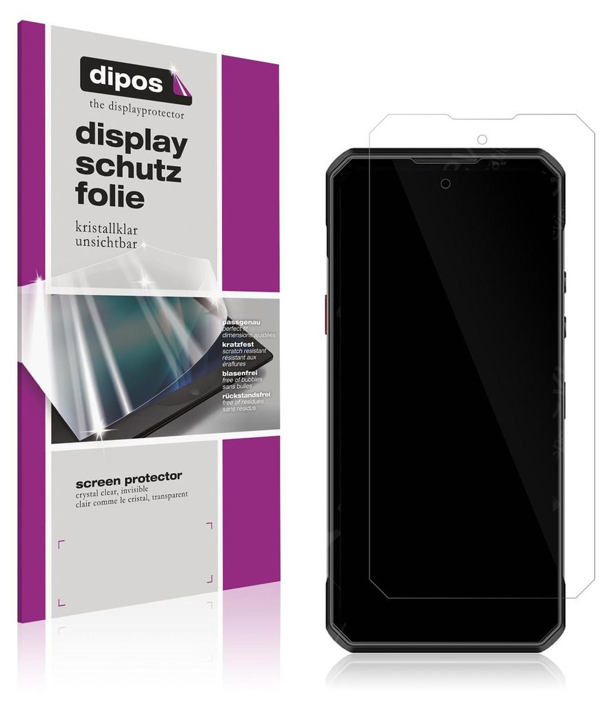 A product package for a screen protector is shown next to a smartphone with a screen protector applied.