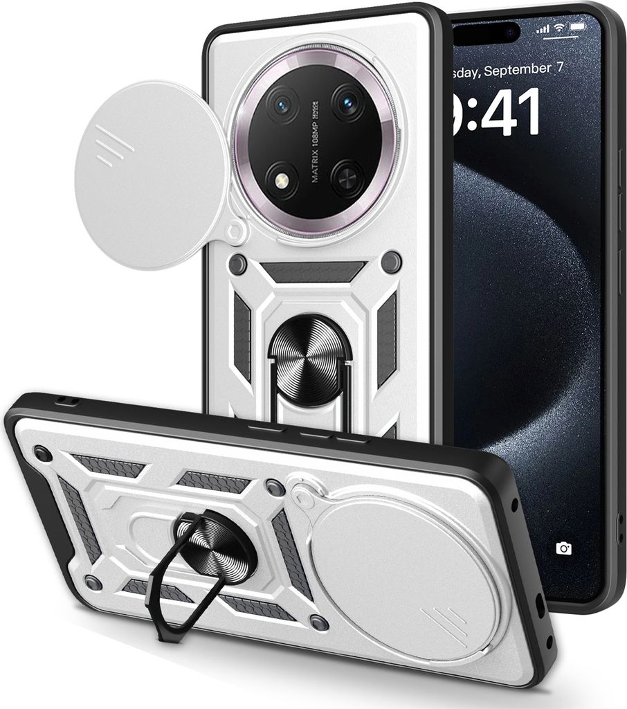 Outdoor Panzer Hülle für Honor Magic 7 Lite Handyhülle Slide Kameraschutz Ringhalter in Silber