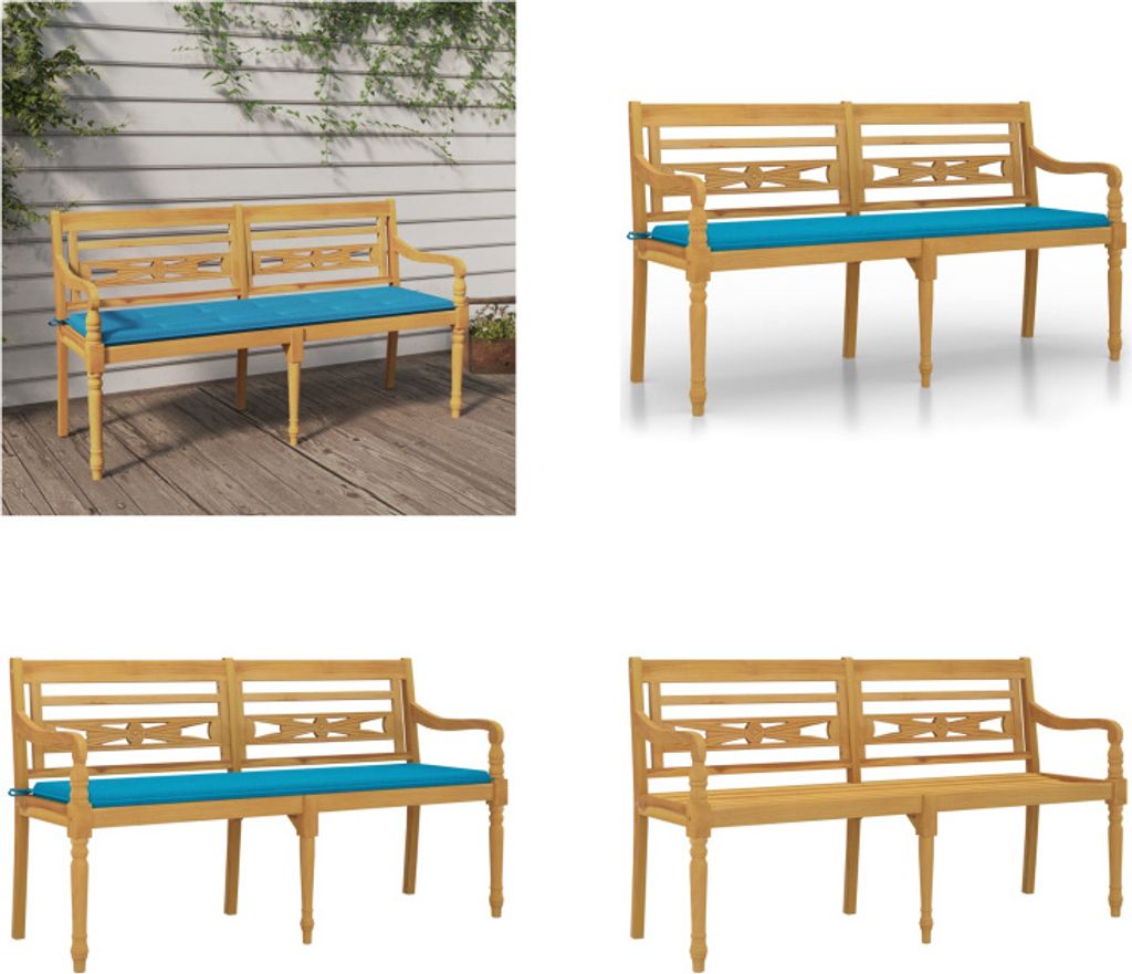 vidaXL Batavia Bank mit Blauem Kissen 150 cm Massivholz Teak - Bank - Bänke - Gartenbank - Sitzbank