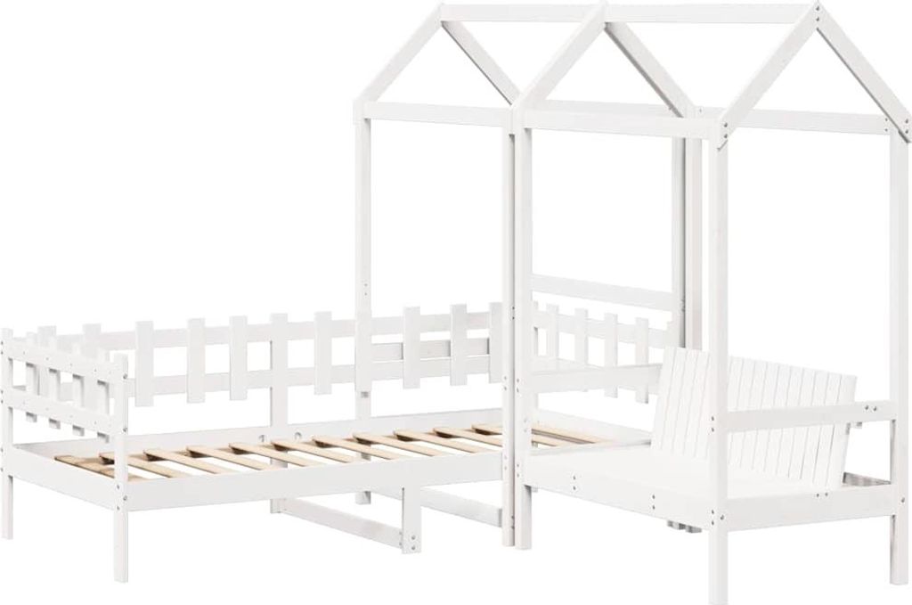 (Robust Möbel)Tagesbett - Einzelbett/Jugendbett - Robust und langlebig - und Bank mit Dach Weiß 80x200cm Kiefernholz - Klassische Betten GermanyM...