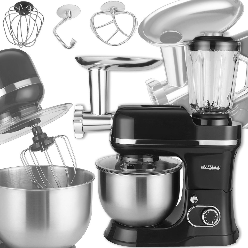 KRAFT&DELE | Küchenmaschine, 3 in 1 mit Fleischwolf & Glasmixer 1,5L, Knetmaschine mit 5L Edelstahlschüssel, Planetarischem Rührsystem, 6 Stufen...