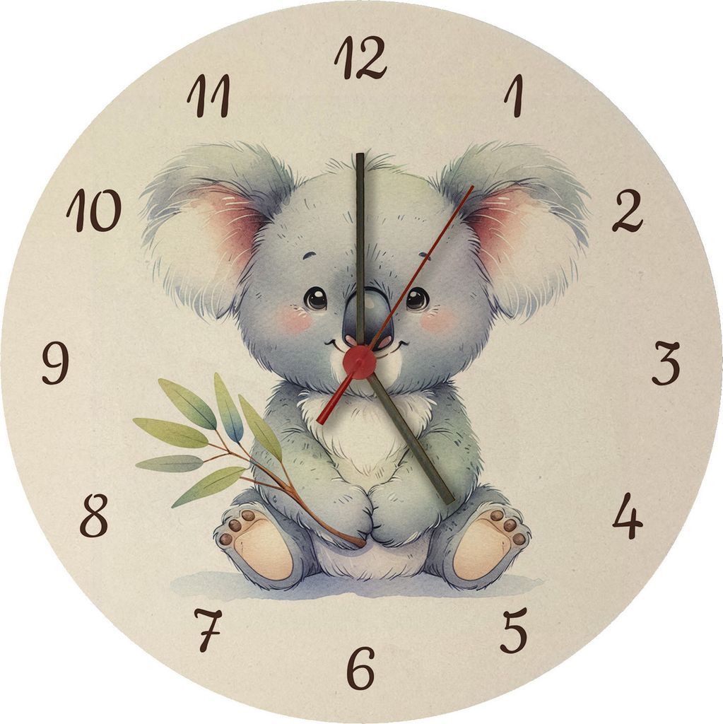A round wall clock with a cartoon koala illustration and clock numbers.