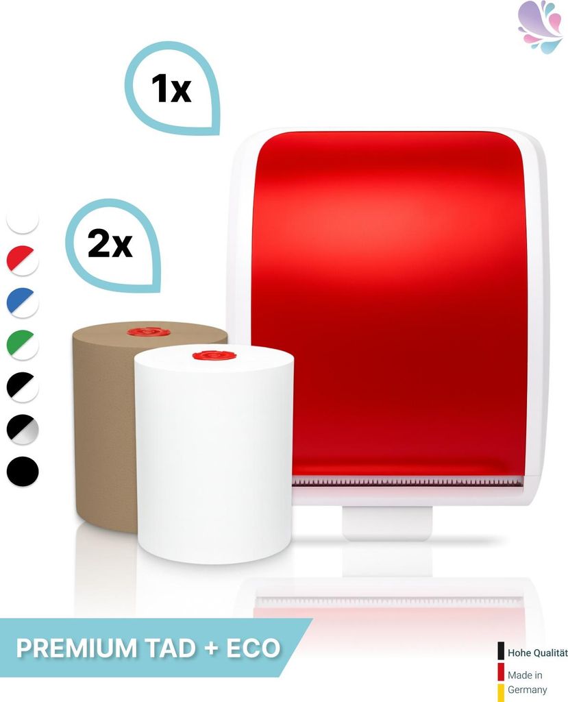 Handtuchrollenspender Autocut, Blanc Cosmos verschied. Farben + 1 Rolle PREMIUM TAD + 1 Rolle ECO Natural - PRODUKTSET : Farbe - Rot / Weiß Farbe:...