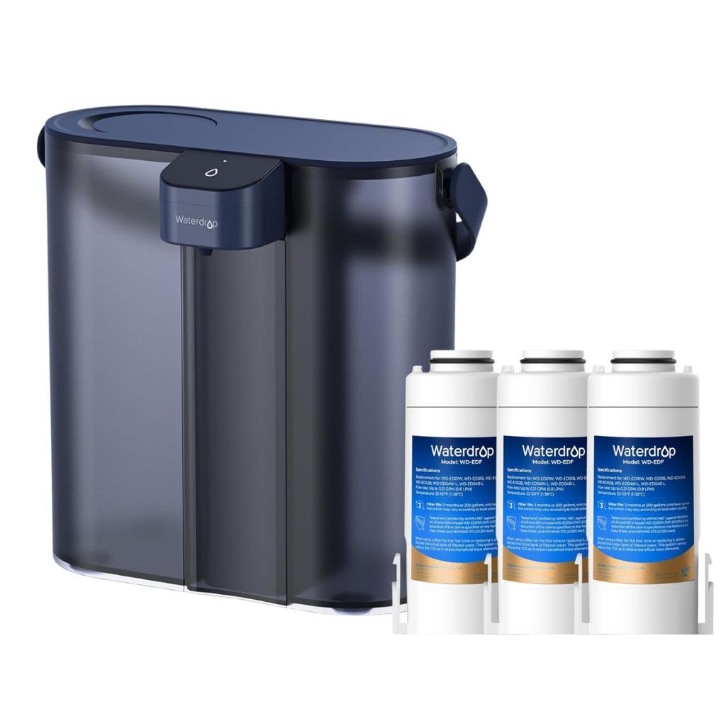 A water filter pitcher and three replacement filters are displayed against a white background.