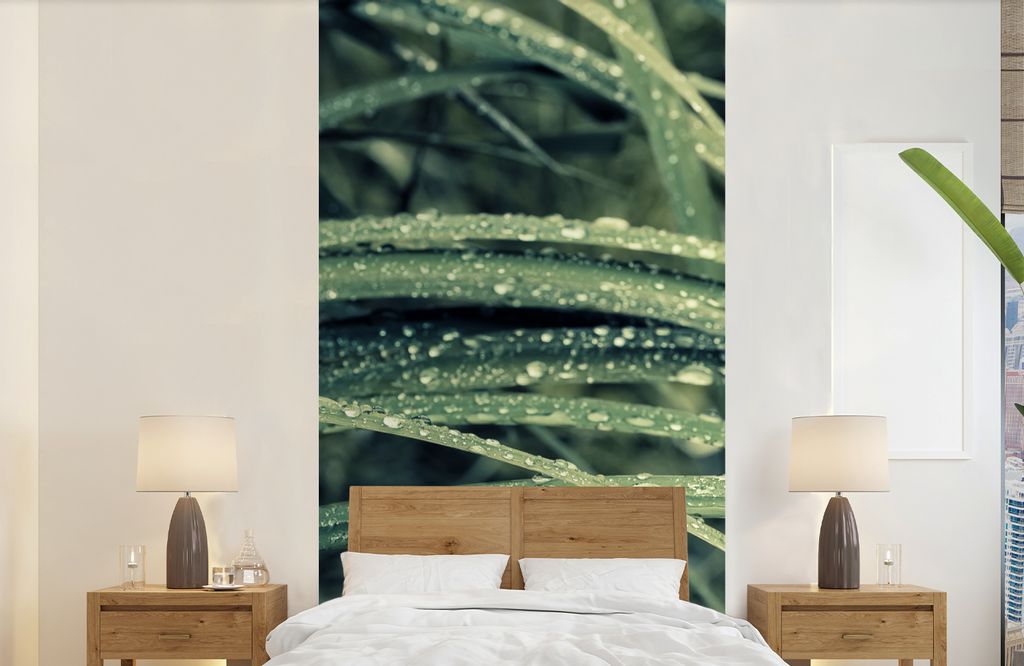 MuchoWow Fototapete für Wohnzimmer oder Schlafzimmer Wandtapete Vinyl Motivtapete Grünes botanisches Gras nach Regenfällen - 120x240 cm - Hint...