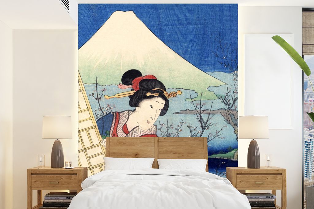 MuchoWow Fototapete für Wohnzimmer oder Schlafzimmer Wandtapete Vinyl Motivtapete Japanischer Holzschnitt einer Frau und des Berges Fuji - 190x2...