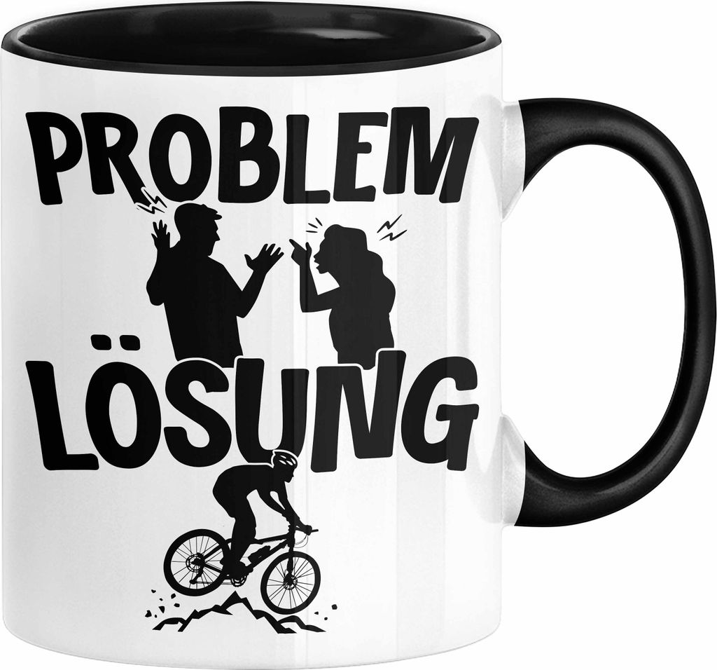 Mountainbike Tasse Geschenk für Mountainbiker Männer Geschenkidee Problem und Lösung Mountainbike Berge MTB (Schwarz)