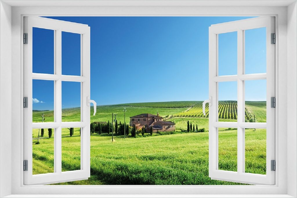 Wallario selbstklebendes Poster mit Fenster-Illusion - Farm in der Toskana, Größe: 100 x 150 cm