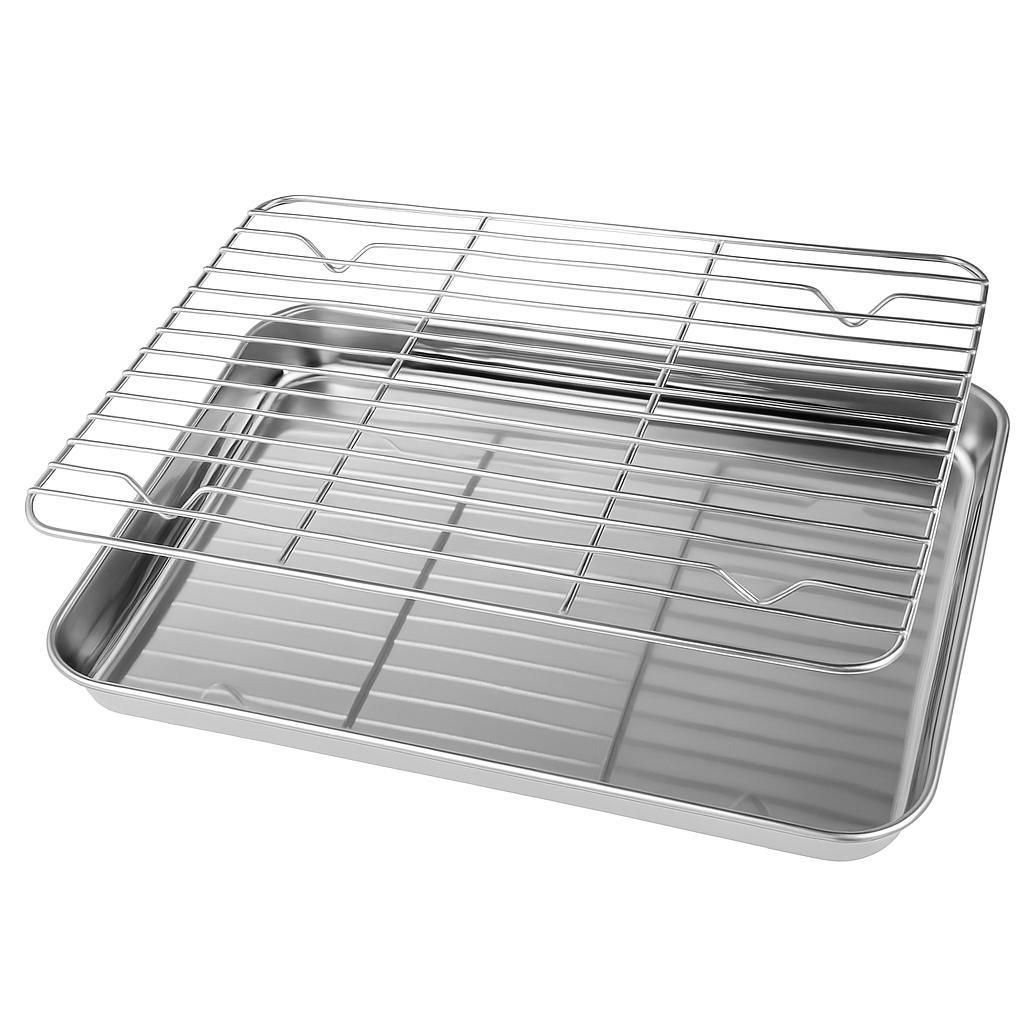Backblech mit Abkühlgitter – Edelstahl 304 (18/8), rechteckige Backform 26x20x2,5 cm – spülmaschinenfest, gesund & ungiftig – Ofenblech-Set