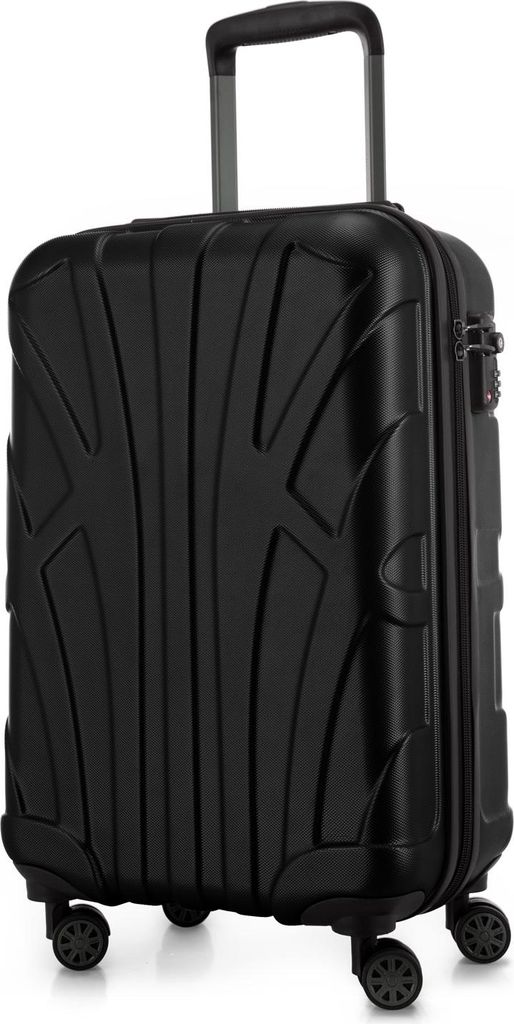 A black suitcase with a textured surface and four wheels is shown against a white background.