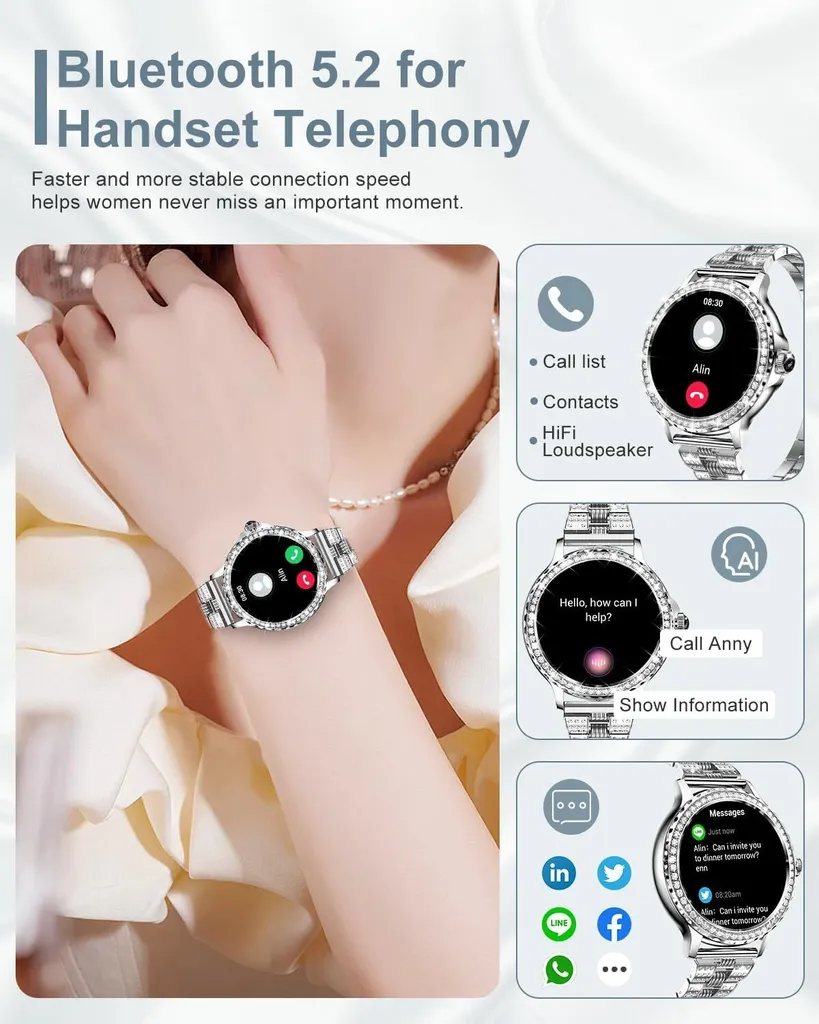 con funzione telefono, touchscreen HD da 1,3" con misurazione della frequenza cardiaca e della pressione sanguigna, monitoraggio del sonno e del ciclo mestruale, 120+ modalità sportive, orologio fitness IP68 - 3
