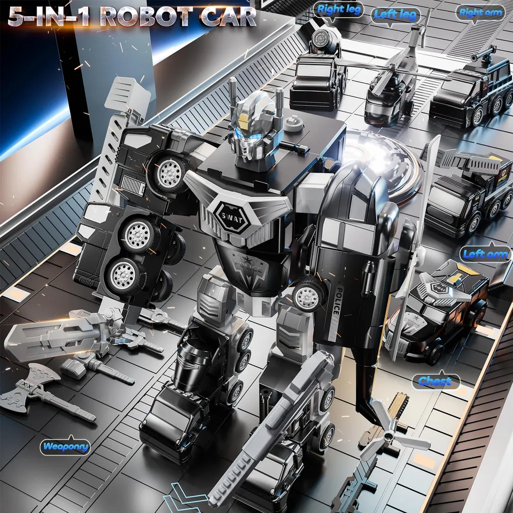 Jeu de construction robot de chantier noir transformable 5 en 1