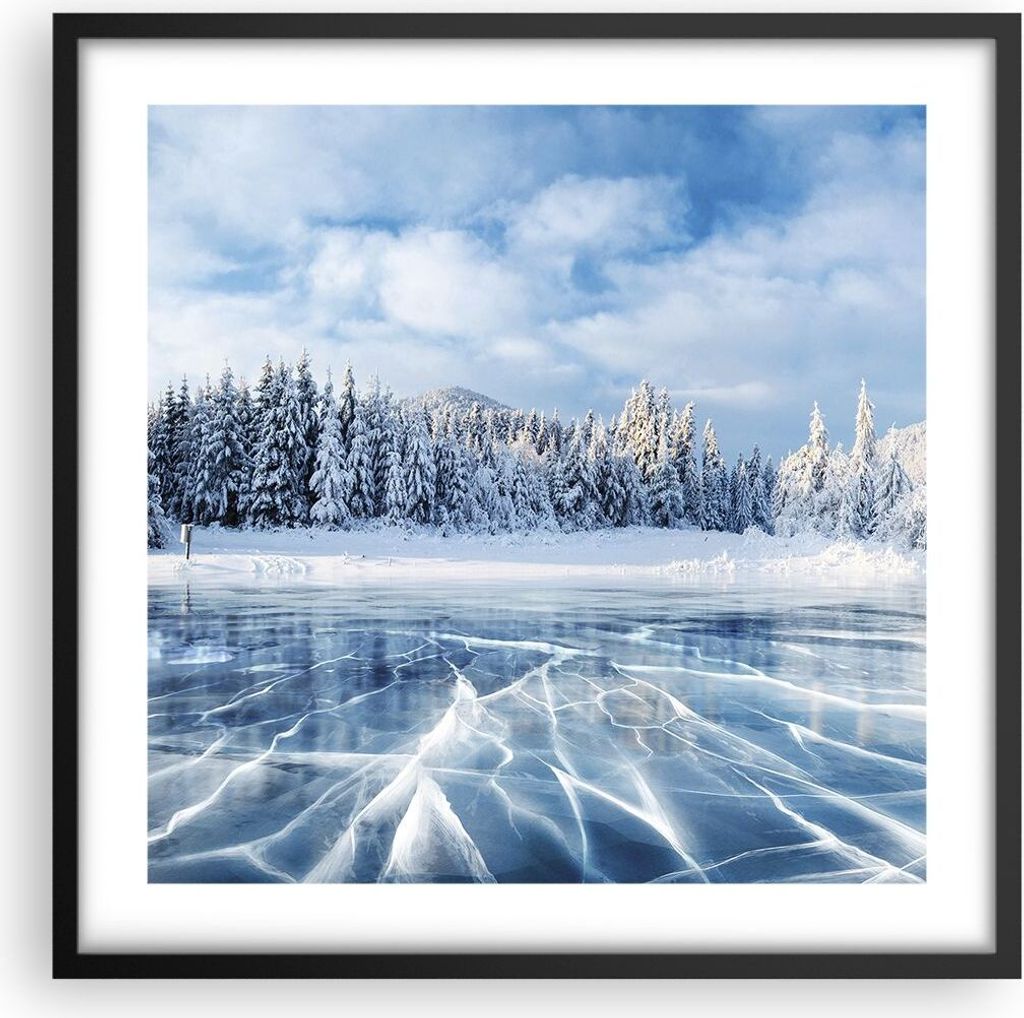 Gerahmtes Poster - Schwarzer Rahmen - Wald Eis See - 50x50 cm - Wand Bild - Wanddeko - Wandbilder - Kunstposter - Wandposter - Bilderrahmen - Bilde...