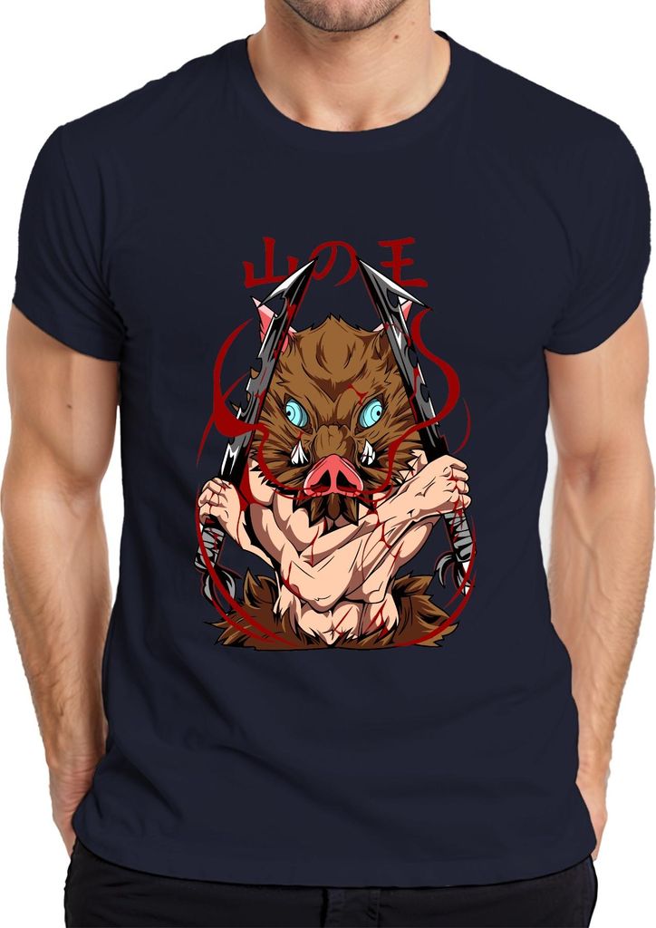 Inosuke Wildschwein Maske Dämonenjäger Dualklingen Anime Geschenk Herren T-Shirt, Navy, XL