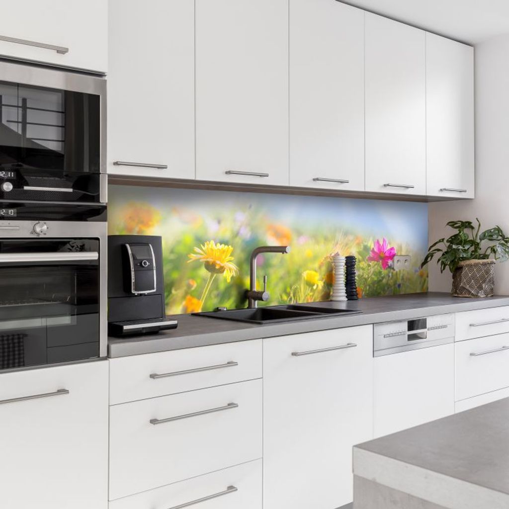 Dedeco Küchenrückwand Motiv: Blumen V3, 5mm Hartschaum Kunststoffplatte PVC als Spritzschutz Küchenwand Wandschutz wasserfest, inkl. UV-Lack mat...