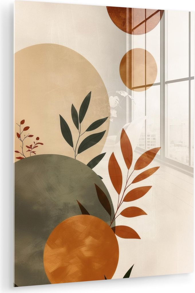 MuchoWow Glasbilder - Bilder auf Wandbild - Foto auf Glas Formen - Rund - Blätter - Beige 60x80 cm Wanddekoration aus Glas - Acrylglasbild - Acryl...