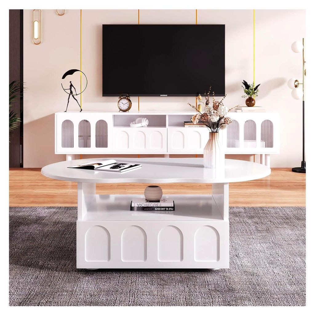 Moderner Couchtisch in Weiß Hochglanz mit Stauraum und 2 Schubladen, Minimalistisches Design, 100x60x40.5cm