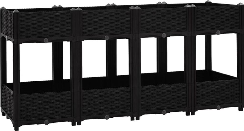 A black raised garden bed with multiple sections, shown from a front-side angle against a white background.