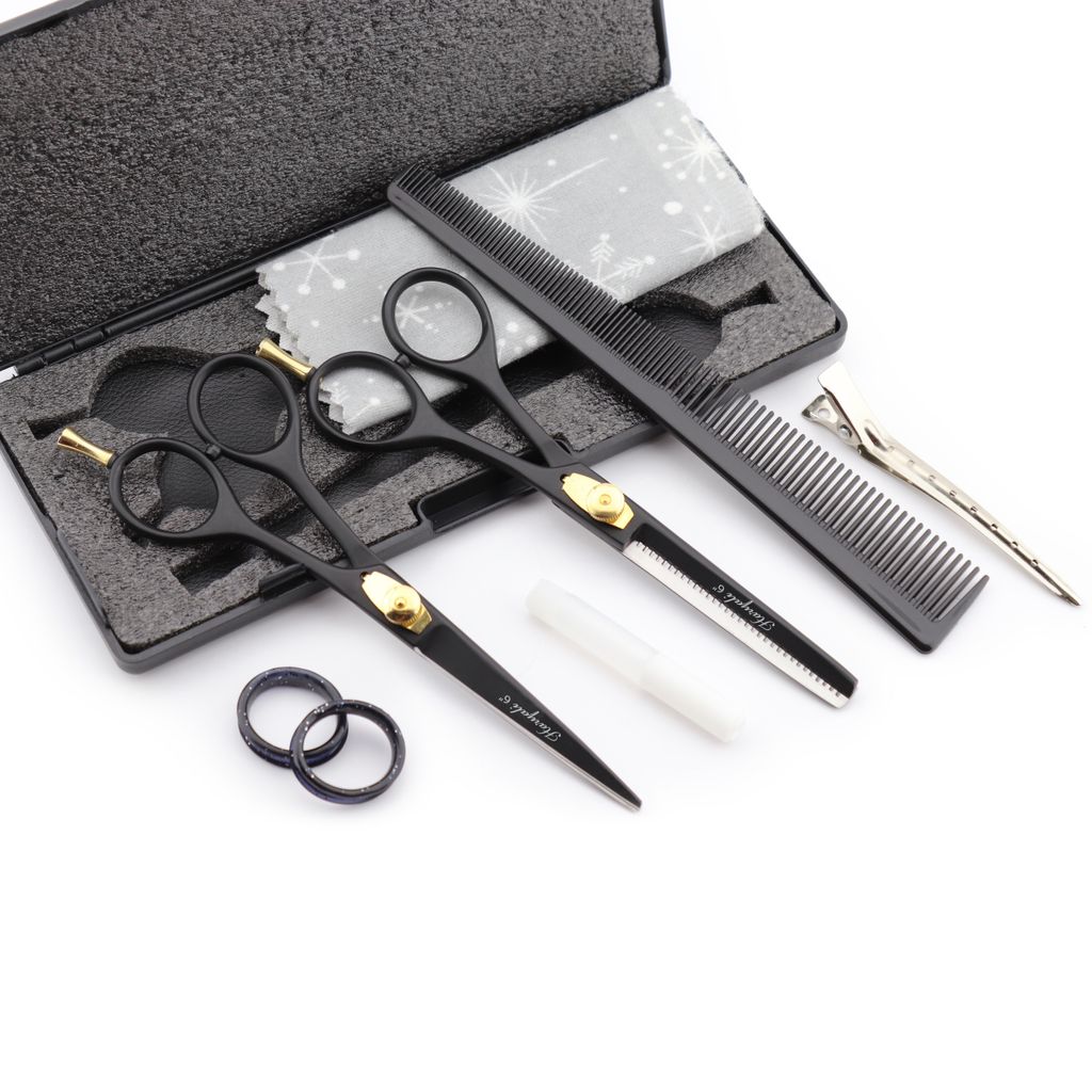 Friseurscheren-Set, 15 cm lange Schere mit Schneide- und Effilierschere in Schwarz und Gold Bestens geeignet für professionelle Friseur- und Kosme...