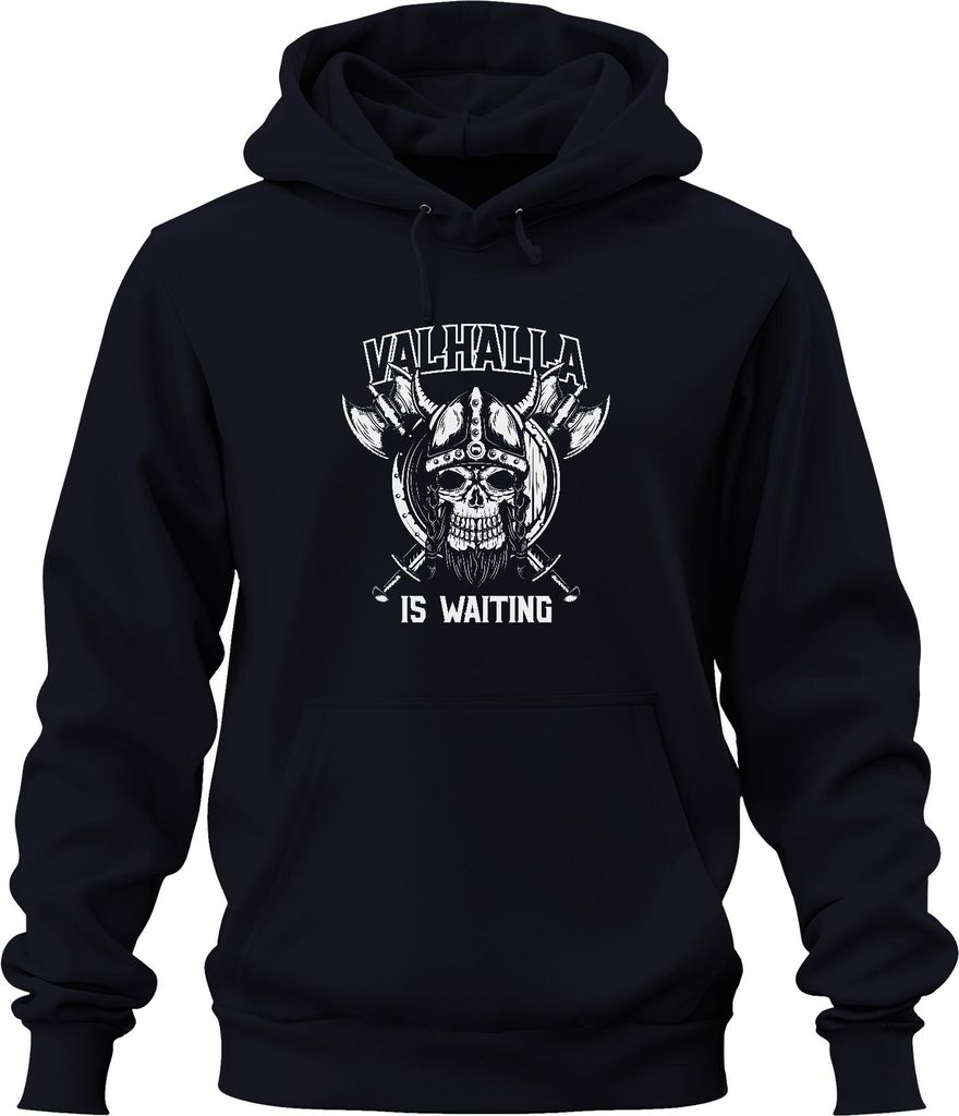 Valhalla is Waiting Wikinger Schädel Axt Schild Odin Runen Asgard Uni Hoodie Kapuzenpullover, Navy, XXL