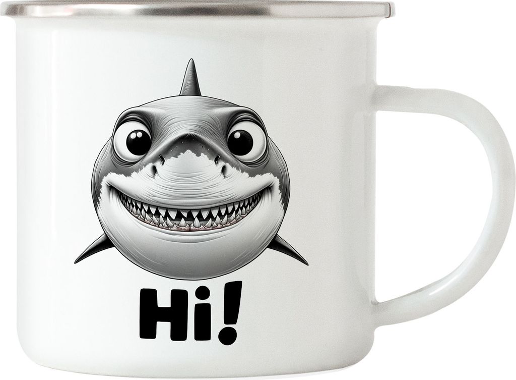 Hi Grinsender Hai Emaille Tasse - Wortwitz Spaß