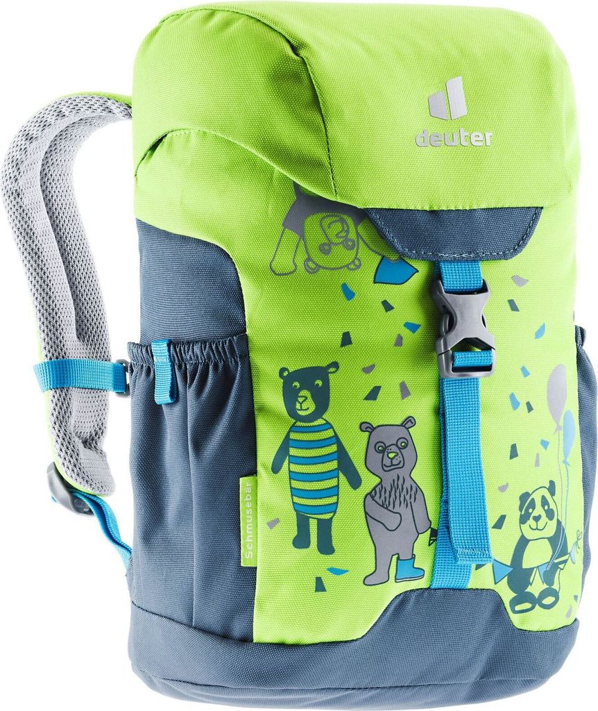 A children's backpack with a cartoon bear print.