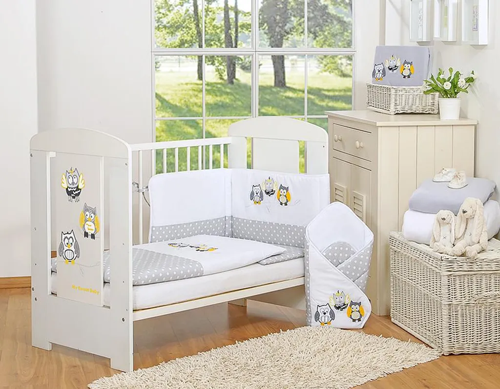 Parure de lit enfant 135x100 cm avec tour de lit 3 pièces hiboux gris