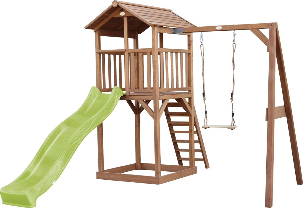 AXI Beach Tower Spielturm aus Holz in Braun | Spielhaus für Kinder mit hellgrüner Rutsche, Schaukel und Sandkasten | Stelzenhaus für den Garten