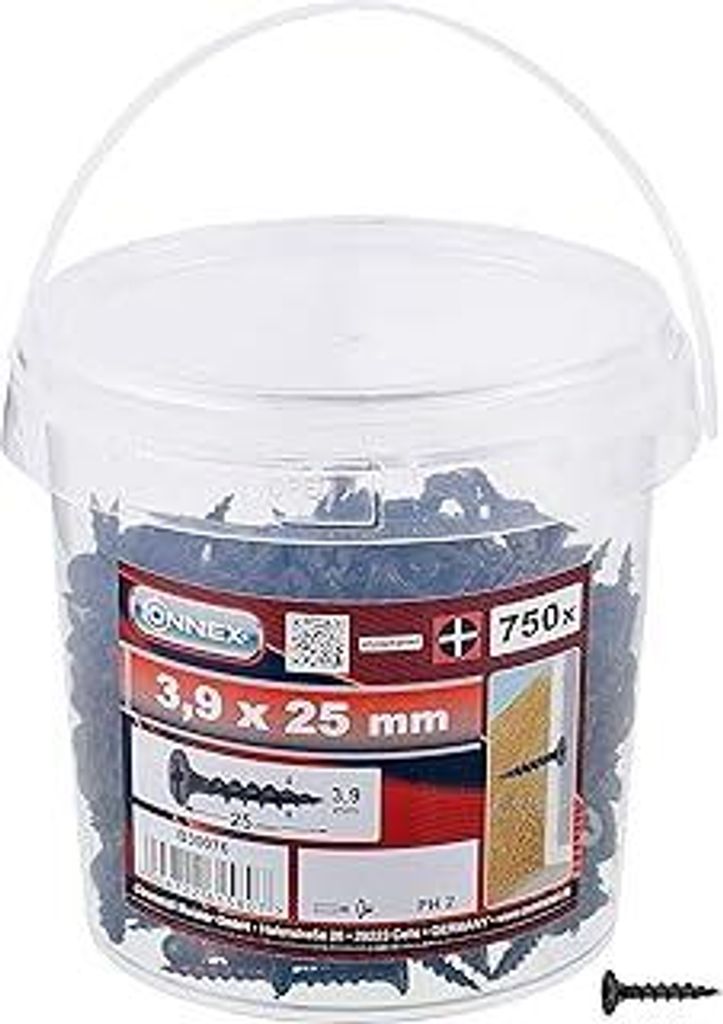 Connex Schnellbauschrauben 3,9 x 25 mm - 750 Stück - Mit Grobgewinde - Trompetenkopf - PH Phillips-Antrieb - Schwarz phosphatiert / Trockenbauschr...