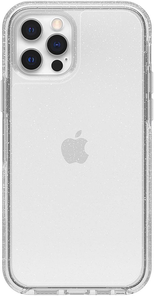 The back of a clear phone case with glitter, showing the Apple logo.