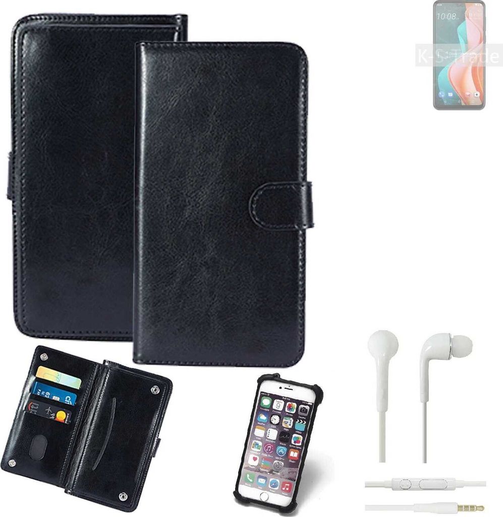 K-S-Trade 360° Hülle kompatibel mit HTC Desire 19s inkl. Headphones schwarz Kunstleder Case BookCase WalletCase Kunstlederederhülle Handyhülle,