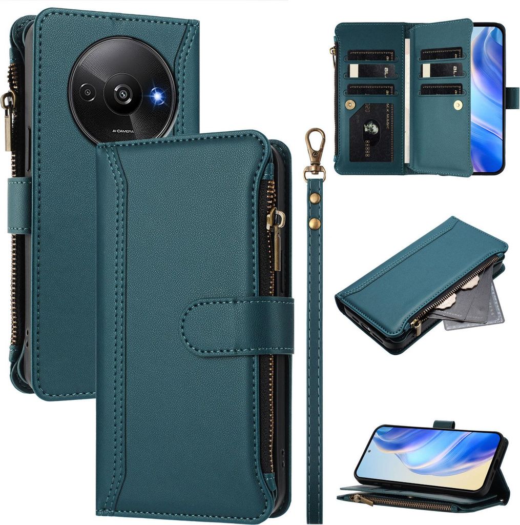 Handyhülle für Xiaomi Redmi A3/Redmi A3X/Poco C61 Reißverschluss Geldbörse Kunstleder Klapphülle mit Kartensteckplatz, Ständer, Handschlaufe ...