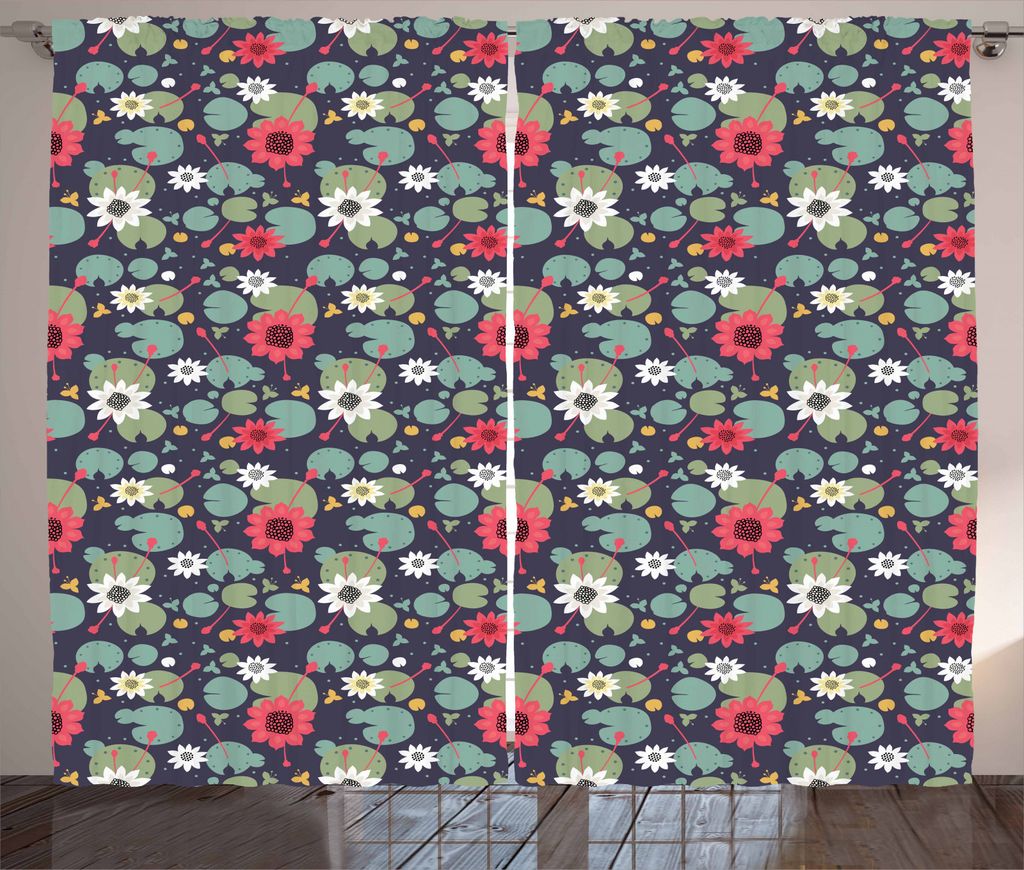 ABAKUHAUS Blumen Rustikaler Gardine, Wasser-Lilien-Lotus auf einem Teich, Schlafzimmer Kräuselband Vorhang mit Schlaufen und Haken, 280 x 245 cm, ...