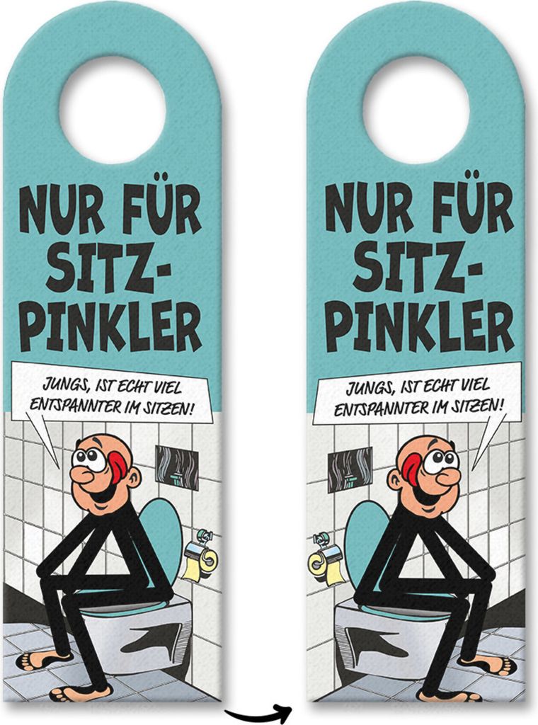 Bitte im Sitzen pinkeln Türhänger im Comic-Stil in türkis