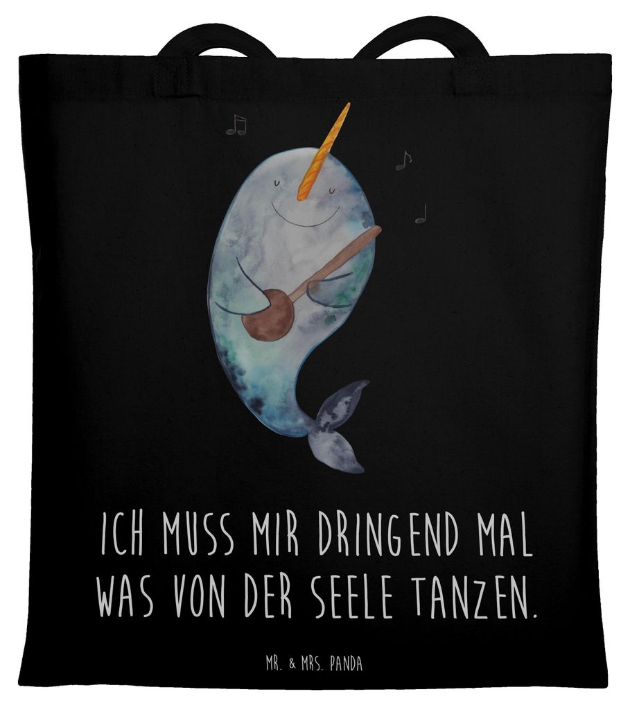 Mr. & Mrs. Panda Jutebeutel Narwal Gitarre - Schwarz - Geschenk, Tote Bag, Tanzen, Shopping Tasche, Gespräche, Meer, Beutel, Stoffbeutel, Wal, Fru...