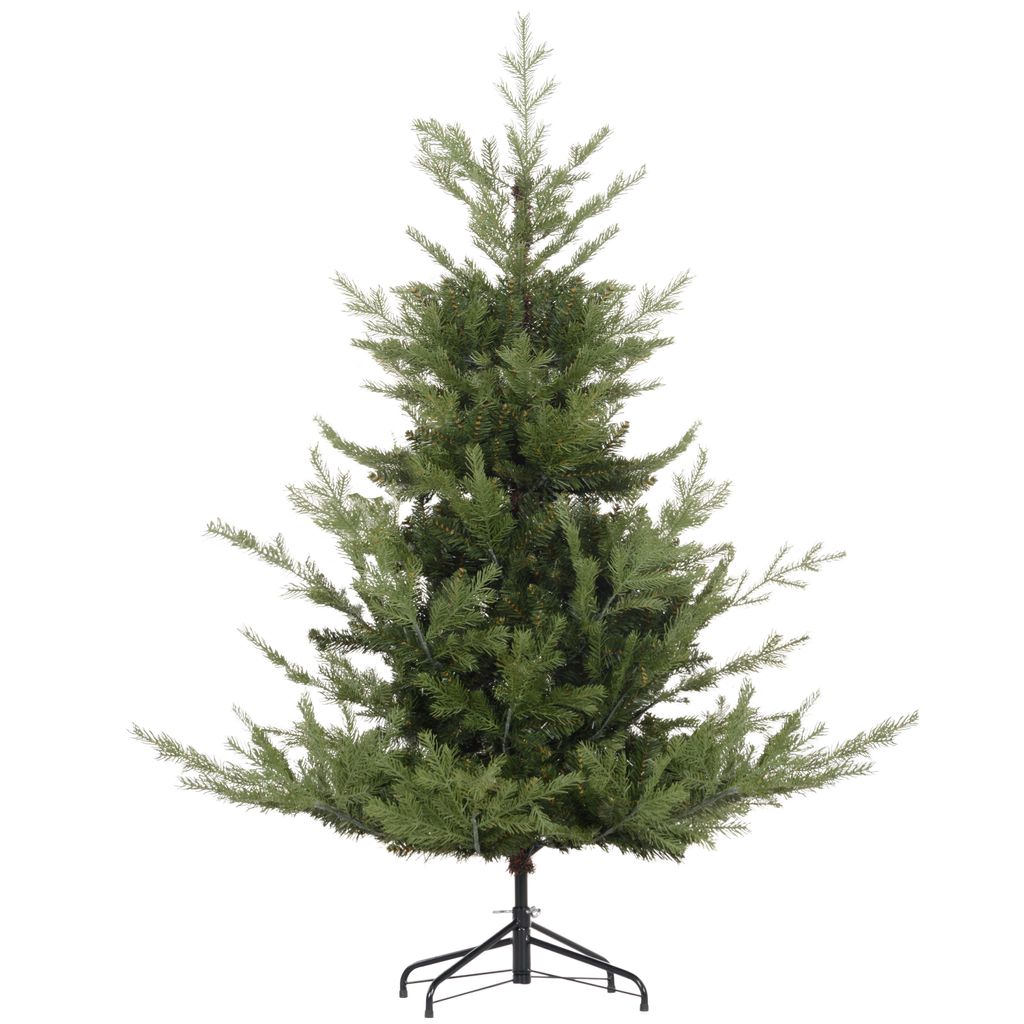 A green artificial Christmas tree on a black stand, isolated on a white background.