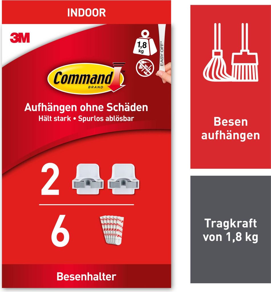 Command Besenhalter Wand selbstklebend, Besenhalterung, 2 Haken