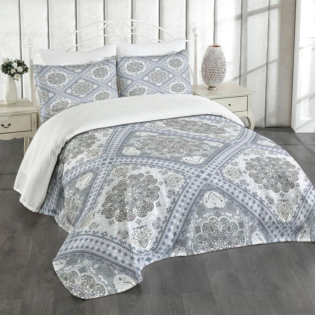 ABAKUHAUS Türkisch-Muster Tagesdecke Set, Komplexe Swirl Art Motive mit persischen Ursprüngen in blassen Farben, 220 x 220 cm, Blasses Violett We...