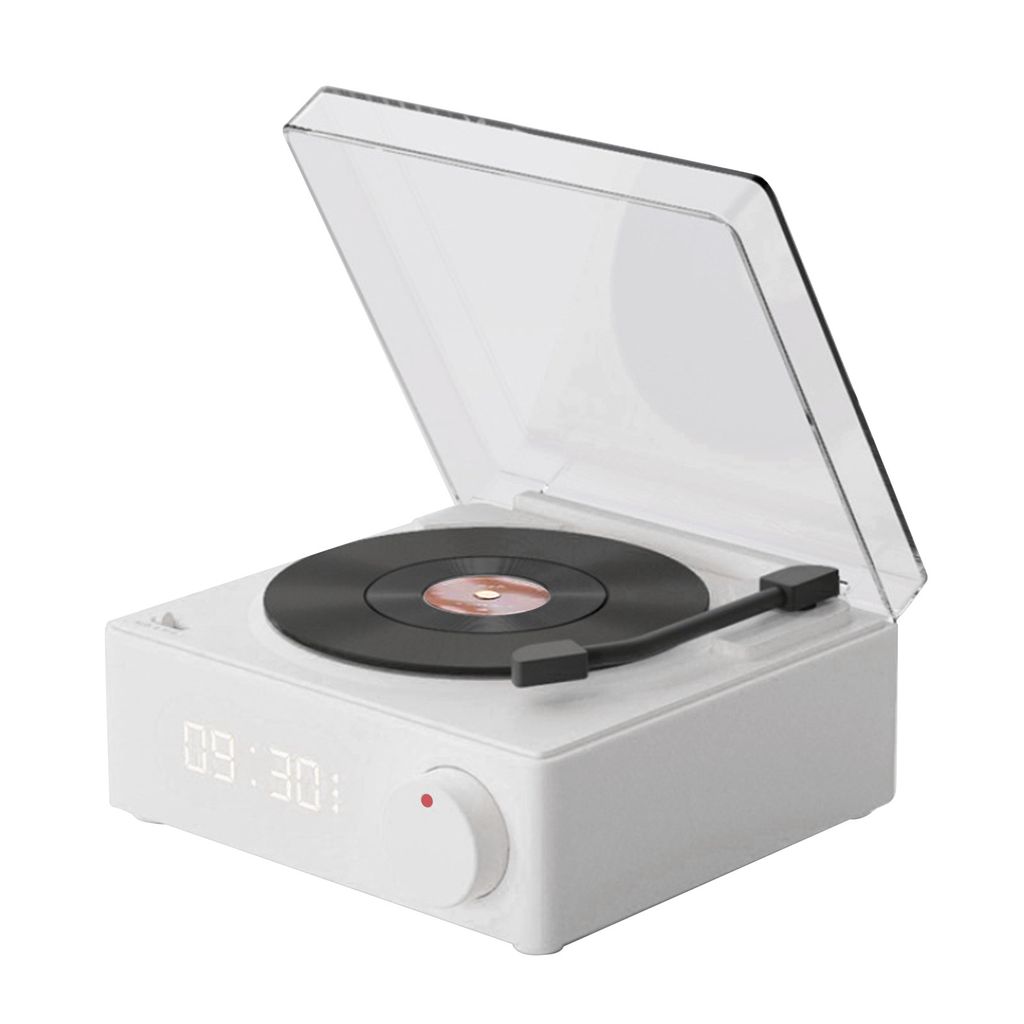 A white Bluetooth speaker designed to look like a record player, shown with its lid open and a record on the turntable.